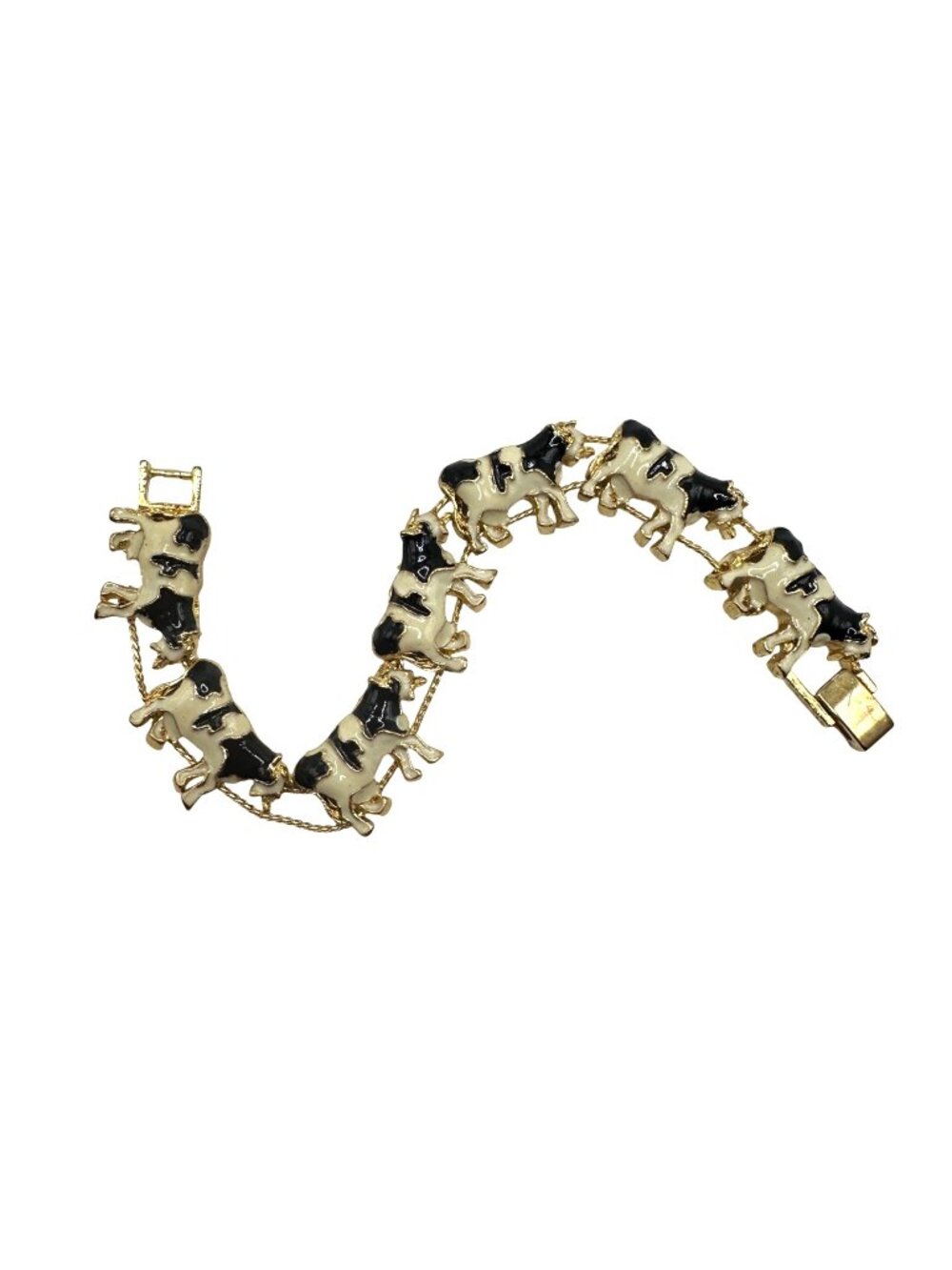Vintage Holstein Dairy Cow Enamel Slide Charm Bracelet Gold Black White